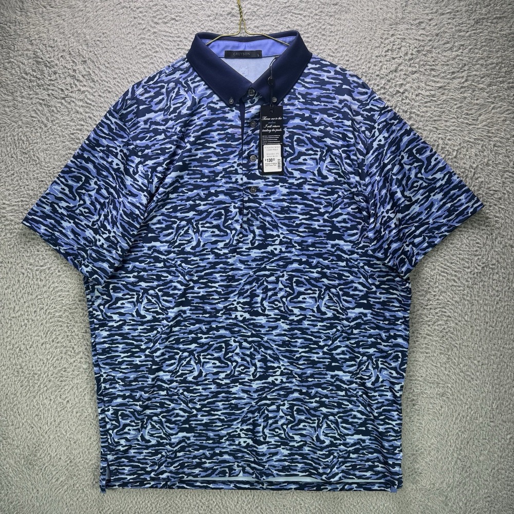 Greyson Golf Polo Shirt Mens Large Blue Stalking Wolf Camo Short Sleeve NWT $130 - Picture 5 of 14